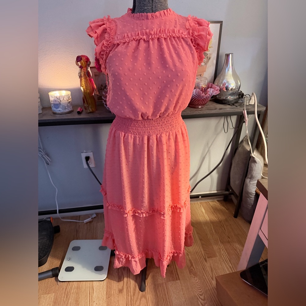 CeCe Coral Ruffle Midi Dress